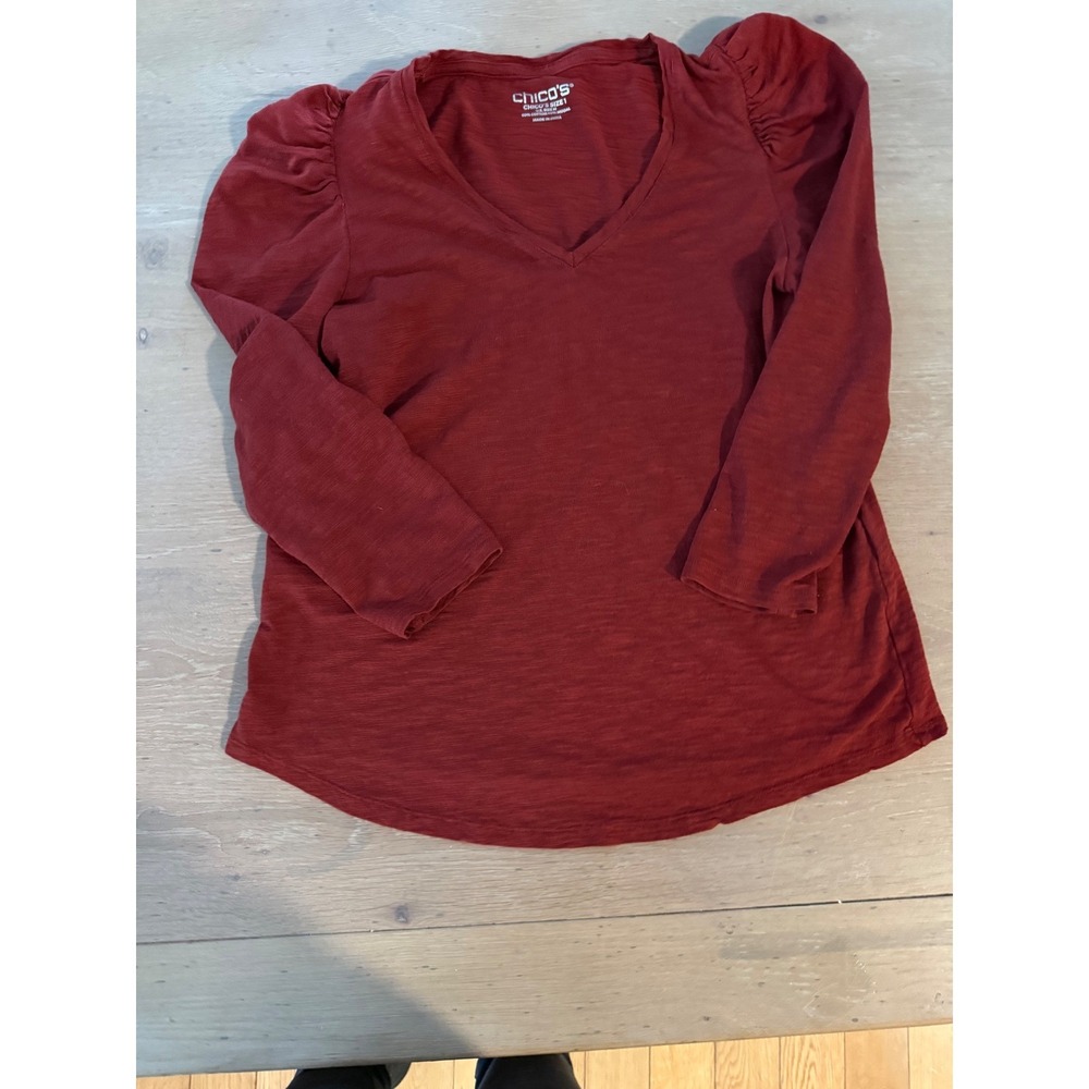 Chicos Red V Neck Puff Sleeve Long Sleeve T Shirt Top‎ Womens Size 1